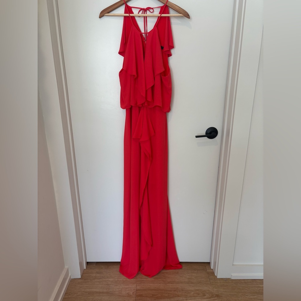 BCBGMAXAZRIA Janisa Poppy Bright Red Halter Ruffle Maxi Dress M